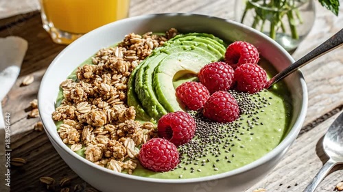 Healthy smoothie bowl with fruit and granola top