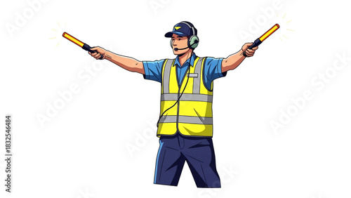 Dedicated airport ground staff marshaller confidently directing aircraft on the tarmac using illuminated light wands and communication headset, ensuring safe aviation operations illustration