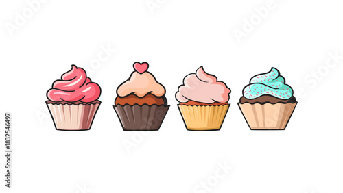Set of four cute cartoon cupcakes vector illustration with different icing flavors (pink, brown, light pink, turquoise) and a heart topping. Perfect for bakeries, dessert menus, sweet recipes, cakes