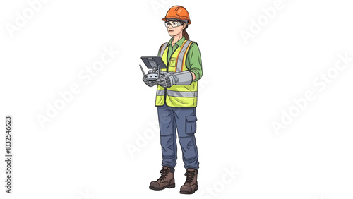 Female construction engineer in full safety gear, including a hard hat and vest, operating a drone with a remote controller for site inspection