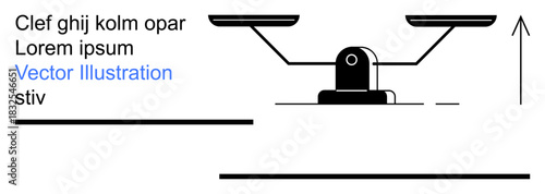 Data analysis, decision-making, justice, balance, equality, weighing concepts. Black scales and arrow pointing upward. Balance and decision-making concepts illustrated with simple design