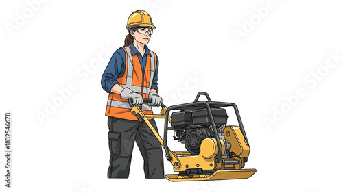 Woman Operating Plate Compactor for Construction