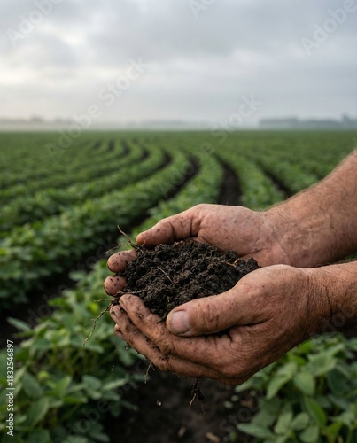 Farmer hands holding rich soil in green soybean field during moody dawn