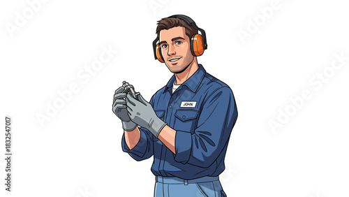 Man in blue work uniform with ear protection and gloves holding a metal part