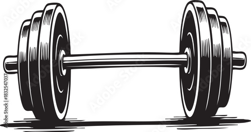 A black and white illustration of a classic barbell with multiple weight plates on each end, rendered in a vintage sketch style.