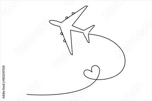 Airplane one continuous line art drawing – Minimalist airplane flight and travel vector illustration design