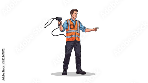 Professional technician in a bright safety vest operating a diagnostic device and gesturing, symbolizing efficient problem-solving and proactive management in an industrial or service environment