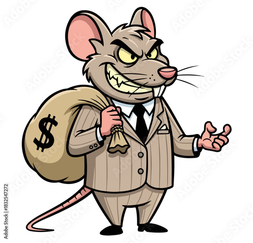 Cartoon Rat in Suit with Money Bag.