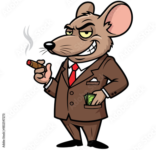 Cartoon Rat in Suit Smoking Cigar with Money.