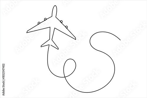 Airplane one continuous line art drawing – Minimalist airplane flight and travel vector illustration design