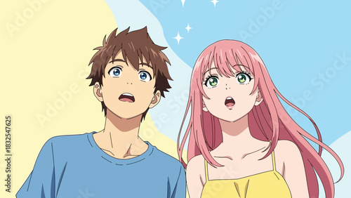 Anime Style Surprised Couple Character with Sparkling Stars Illustration