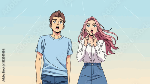 Animated Surprised Man and Woman Looking Up in Blue Sky Illustration