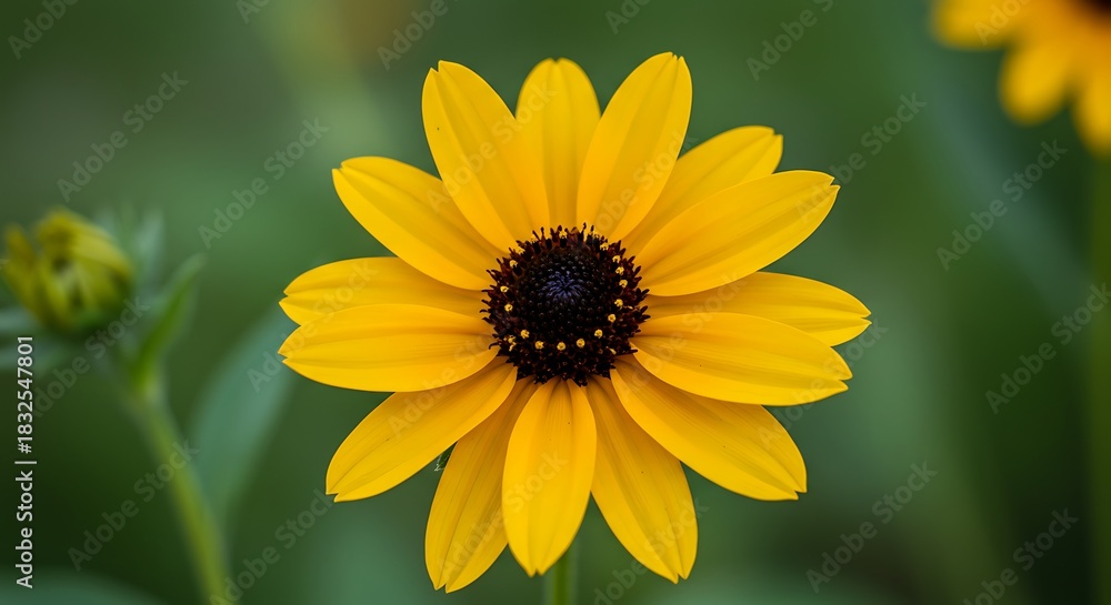 Obraz premium Close-up of a vibrant yellow Black-Eyed Susan flower with a dark center, set against a soft green blurred background, showcasing its delicate petals and natural beauty in a garden setting.