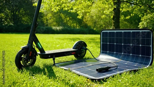 Electric scooter charging with portable solar panel in a green park.