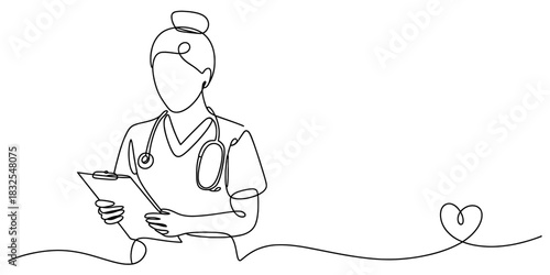 One line drawing of a nurse or doctor holding a clipboard with a stethoscope, symbolizing healthcare, dedication, patient care, and a loving heart. Vector, illustration