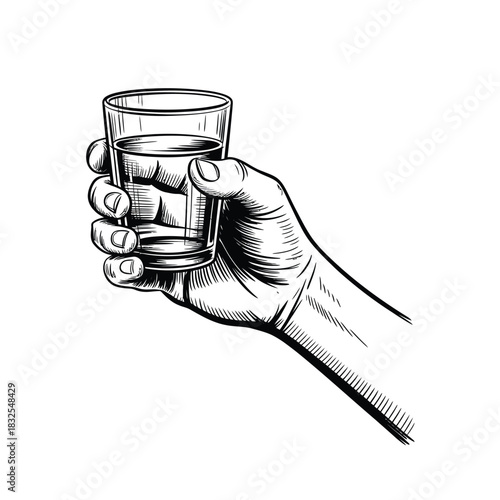 Hand holding a glass of clear liquid with ice cubes