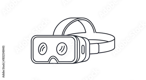 Minimalist line drawing of a modern virtual reality headset with adjustable strap for immersive