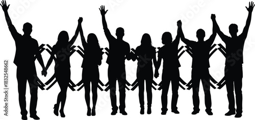 Group of people celebrating silhouettes set, black silhouette of men and women holding hands with arms raised for teamwork, party, victory, and successful business vector illustration content.