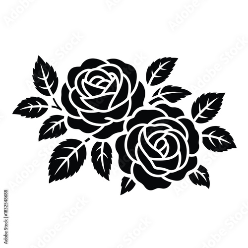 Black silhouette of two roses with leaves on white background