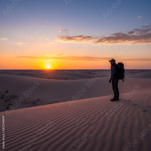 Desert Sunrise Hiker With Backpack Watches Sunset Over Dunes at Dusk
