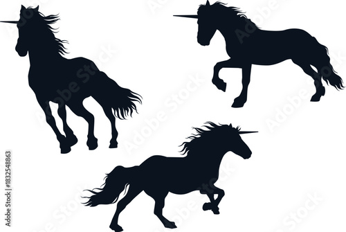 Running unicorn silhouettes in motion, representing freedom, fantasy, magic, speed, imagination, and mythical storytelling themes.