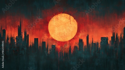 City illustration with sun, retro art for wallpaper, and an eclipse for wall dcor with textured backgrounds. Street art, creative sunset illustrations with neon highlights, Generative AI