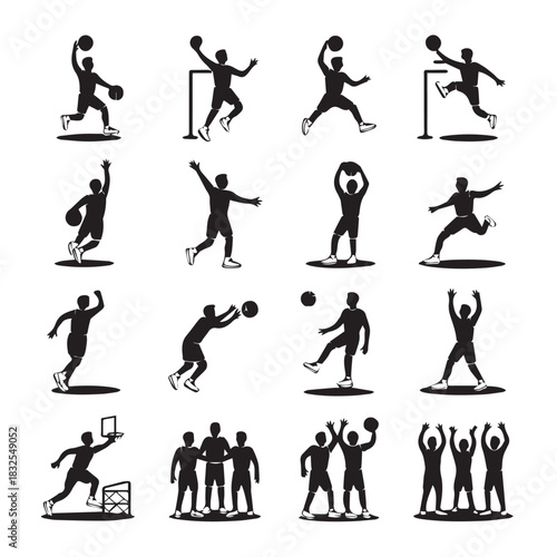 Diverse Basketball Player Silhouettes Showing Athletic Sports Action and Team Celebration