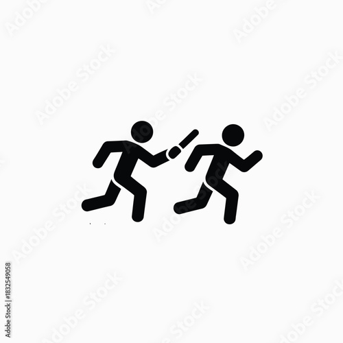 Two stick figures running and passing a baton in a relay race
