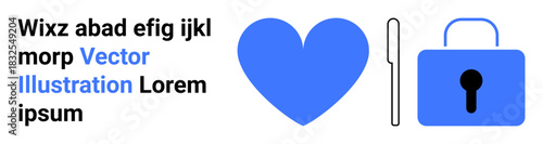 Security, love, protection, privacy, access, authentication. A blue heart next to a key and padlock. Security and love are by interconnected visual elements