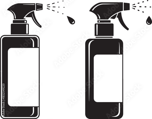 Two black spray bottles with liquid droplets silhouette