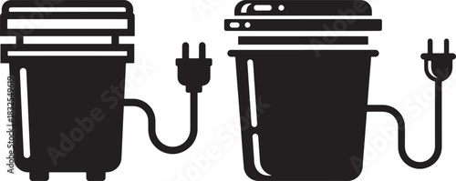 Two black coffee cups silhouette with power cords
