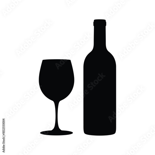 Black silhouette of a wine bottle and wine glass on white background