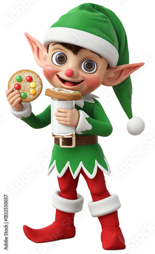 Smiling christmas elf holding milk and cookies, spreading festive spirit isolated on transparent background