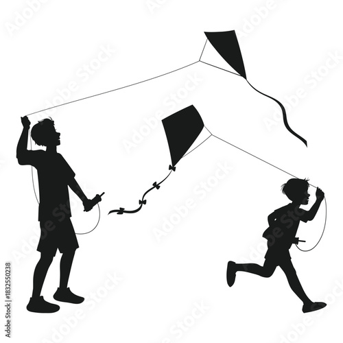 Silhouettes of children running while flying a kite, symbolizing adventure, joy, outdoor activity, and carefree childhood moments.