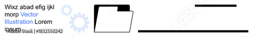 Data organization, digital storage, workflow automation, digital files, cloud solutions, office management. Black folder icon alongside gear icons and text elements. Data organization and digital