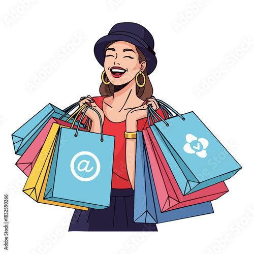 Happy Woman with Shopping Bags Illustration.