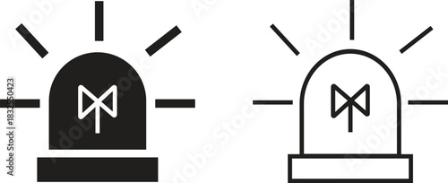 Emergency siren alarm icon set. Flashing warning light symbols in flat and outline styles, ideal for safety alerts, emergency notifications, security diagrams, professional and hazard response.
