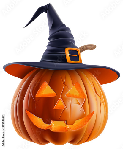 Halloween jack-o'-lantern pumpkin wearing a witch hat, 3d render illustration isolated on transparent background