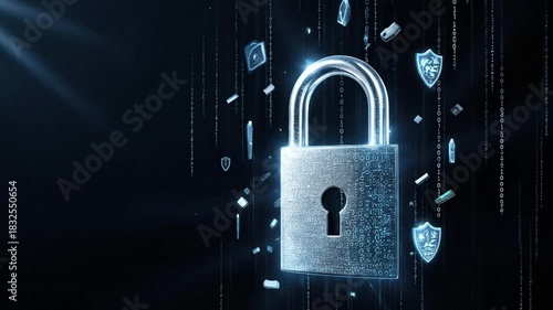 Digital padlock with floating shields, code, and light flares, representing data security - Footage