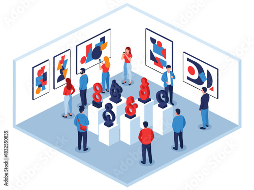 Isometric view of an art gallery with visitors admiring paintings and sculptures, an engaging scene