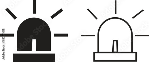 Emergency siren alarm icon set. Flashing warning light symbols in flat and outline styles, ideal for safety alerts, emergency notifications, security diagrams, professional and hazard response.