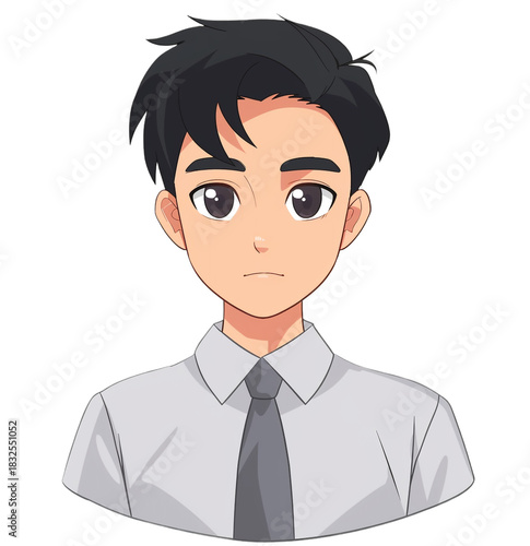 Animated young man avatar in business casual attire with neutral expression isolated on transparent background