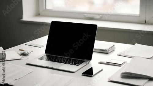 A laptop displays a person icon on a desk scattered with papers and a cell phone, near a window - Footage