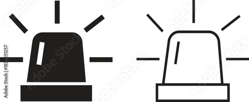 Emergency siren alarm icon set. Flashing warning light symbols in flat and outline styles, ideal for safety alerts, emergency notifications, security diagrams, professional and hazard response.