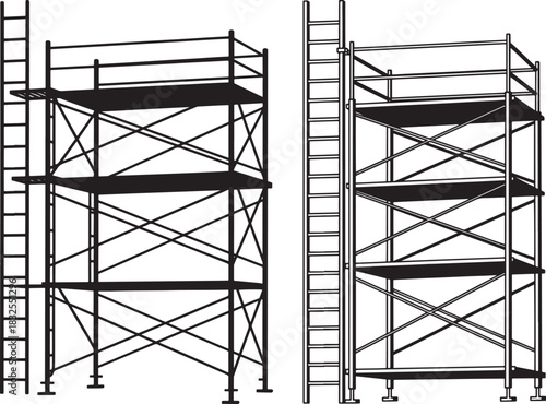 Two industrial scaffolding structures with ladders silhouette