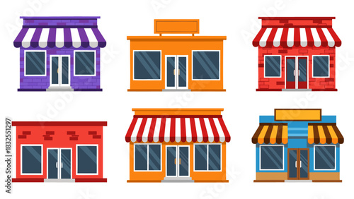Set of charming flat design store buildings, depicting colorful shop fronts and awnings, ideal for business and retail concepts