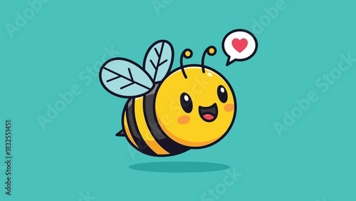Adorable cartoon bee character with a heart bubble smiling happily.