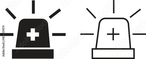 Emergency siren alarm icon set. Flashing warning light symbols in flat and outline styles, ideal for safety alerts, emergency notifications, security diagrams, professional and hazard response.