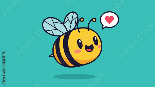 Adorable cartoon bee with yellow and black stripes and a heart speech bubble.