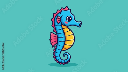 Adorable cartoon blue and yellow seahorse character illustration.